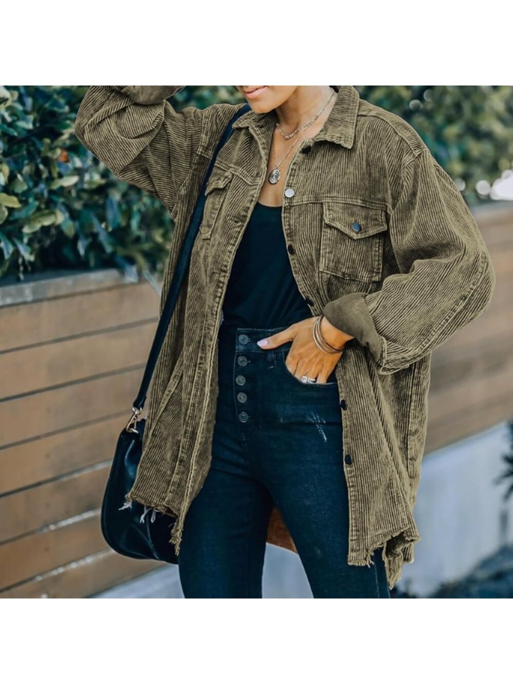 〽️Army Green Women's Corduroy Shacket Oversized Retro Button Down - Picture 3 of 4